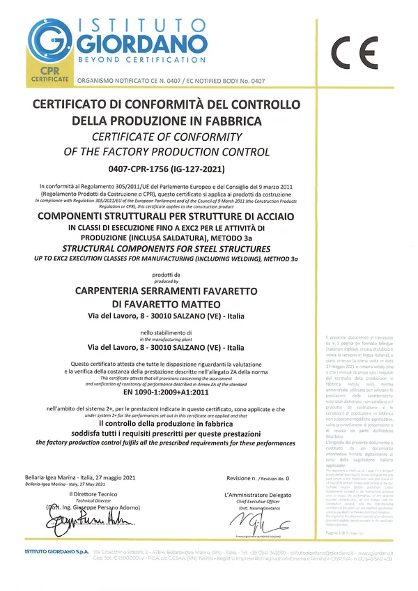 Certificato di conformità del controllo della produzione in fabbrica EN 1090-1, rilasciato dall'Istituto Giordano a Carpenteria Serramenti Favaretto