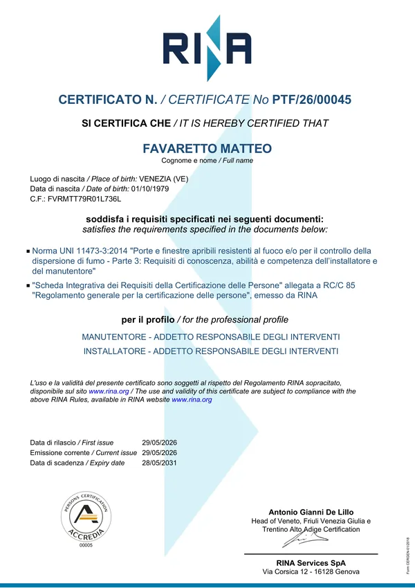 Certificato RINA UNI 11473-3 intestato a Matteo Favaretto