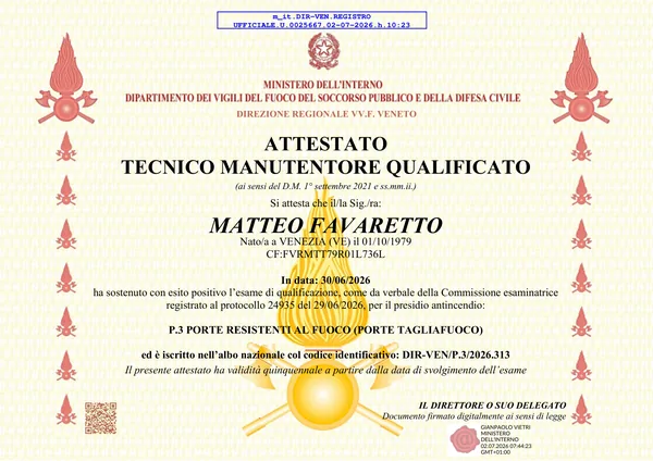 Attestato di tecnico manutentore qualificato dei Vigili del Fuoco intestato a Matteo Favaretto